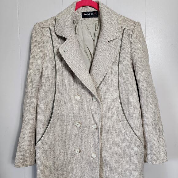 Vintage Alorna Wool Herringbone Coat Classic Double Breasted Overcoat Old Money - Picture 2 of 14